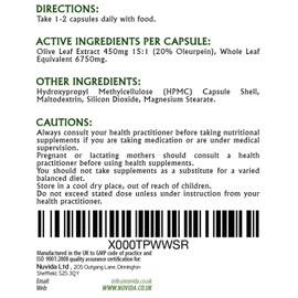 Olive Leaf Extract Capsules with 20% Oleuropein / 60 Olive Leaf Capsules / 450mg / (6750mg Whole Leaf Equivalent) / Vegan and Vegetarian Friendly