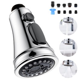 Kitchen Faucet Spray Head Replacement - Pull Down Faucet Sprayer Head with 15 Adapters, 3-Function Kitchen Sink Faucet Head, Replacement Pull Out Faucet Head Nozzle, Chrome