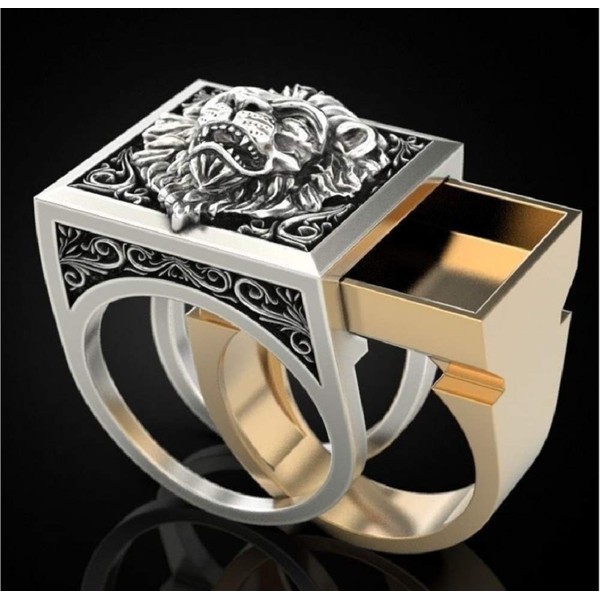 LRGKMCWTOB Men's Lion Ring Roaring Lion Head Vintage Engraved Carved Band Rings with Mini Hidden Storage Box Design Hip Hop Party Two Tone Jewelry Unique Gift for Men Biker Rapper Size 7-12 (US 7)