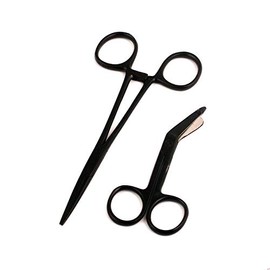 AAProTools Heavy Duty Black Color Lister Bandage Trauma Shears Scissors + Hemostat Forceps Straight Premium Quality (3.5" Scissors + 5" Straight Hemostat) A+ Quality