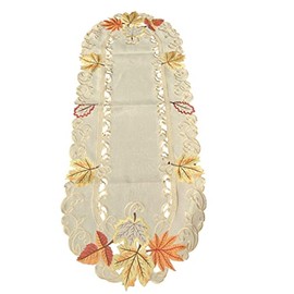 Autumn Chestnut Leaves Tablecloth Doilies Oval Linen Look Beige Gold Brown Embroidered (45 x 110 cm)