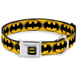 Buckle-Down Seatbelt Buckle Dog Collar - Bat Signal-3 Yellow/Black/Yellow - 1" Wide - Fits 15-26" Neck - Large