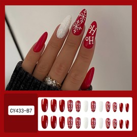 Christmas Press on Nails Long Almond Fake Nails White Snowflake Acrylic Nails Red Winter Xmas Glue on Nails Reusable Stick on Nails for Women DIY New Year Manicure