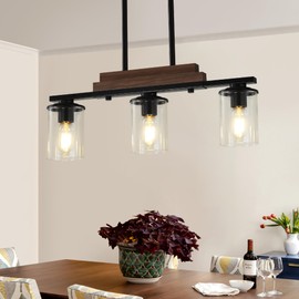 Pendant Lights Kitchen Island, 3-Light Farmhouse Chandeliers for Dining Room, Black Linear Chandelier with Clear Glass Shades, Modern Rustic Wood Chandelier with Adjustable Height