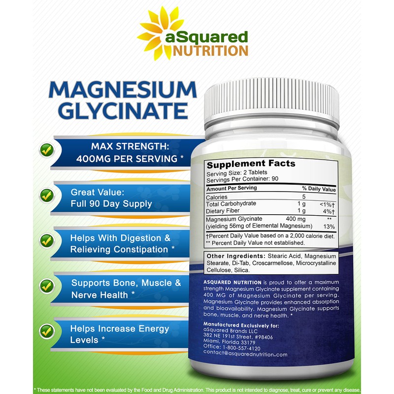 aSquared Nutrition Magnesium Glycinate 400mg - 180 Tablets - Max
