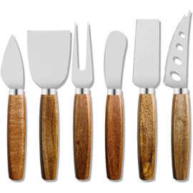 Guojanfon 6 Piece Cheese Knives Set with Wooden Handle, Mini Steel Stainless Cheese knife set for Charcuterie and Cheese spread, Perfect for Cheese Slicer and Butter Cutter (Acacia/Long)