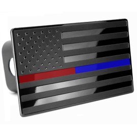 USA US American Flag Emblem Metal Trailer Hitch Cover (Fits 2.5" Receivers, Black Flag with Thin Blue and Red Lines)