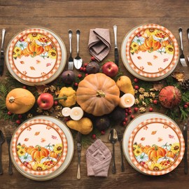 HeartYue 25 Pcs Thanksgiving Pumpkin Paper Plates Fall Leaves Pumpkin Sunflower Plaid 7 Inches Disposable Paper Plates for Thanksgiving Theme Party Table Decoration Supplies