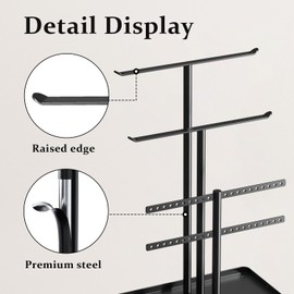 pickpiff Jewelry Stand Organizer, 12.5" Tall Sturdy Metal, 3-Tier Jewelry Holder for Necklace, Earring, Bracelet, Ring, Hanger for Display and Storage, Aesthetic Room Decor, Black