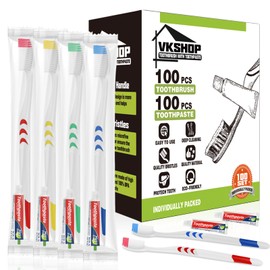 VKshop Bulk Toothbrushes Individually Wrapped with Toothpaste, 100PS Travel Toothbrush Sets,Portable Medium Soft Toothbrushes Fit for Adults,Kid, Homeless，Travel, Hotel, Donation（White,Toothpaste 5g）