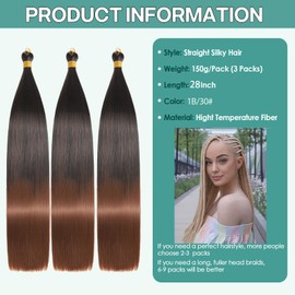Locescsoc 28 Inch Straight Hair Extensions 150 g 3 Packs Bone Straight Braiding Hair, Soft Synthetic Bundles Crochet Braids Hair Bundles for Braiding (1B/30, 28 Inch 3 Packs)