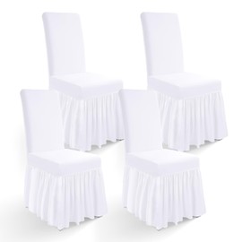 KIDOACOW Long Skirt Dining Chair Covers Set of 4, Stretch Spandex Parsons Chair Slipcover with Skirt Washable Elegant Dining Room Chair Covers for Party/Wedding/Banquet/Kitchen (White, 4 Pcs)