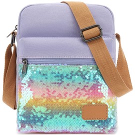 Leaper Girls Crossbody Purses 2 PCS Sequin Messenger Bag Canvas Crossbody Bag and Purse Set for Women Glitter Rainbow Purple