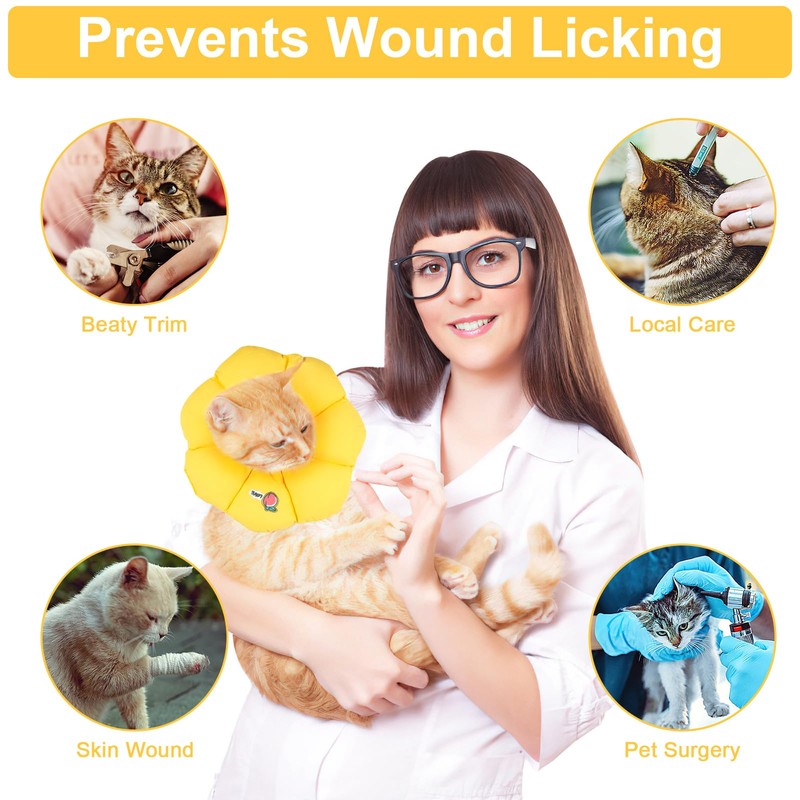Cat Neck Brace, Adjustable Waterproof Cat Collar, Soft Sunflower Lick