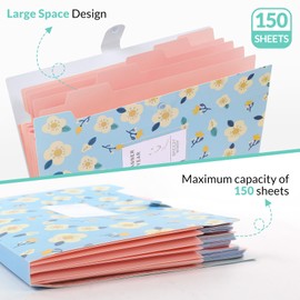 KONVINIT Dokumentenmappe Fächermappe A4 Mappe mit 5 Fächern PP Floral Bedruckt Akkordeon Dokument Ordner Folder Document Organizer,Ordnungsmappe mit Druckknopf,Blau