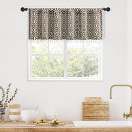 MitoVilla Boho Kitchen Valances for Windows, Taupe Abstract Geometric Valance Curtains for Living Room/Bedroom, French Country Cotton Fabric Topper Window Curtain with Tassel, 52’’W x 18’’L