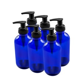 The Bottle Depot - 6 Pack - 8 oz Glass Bottle with Black Lotion Pump - Blue - 28-400 Neck Finish - Boston Round Bottles - UV Rays Protection