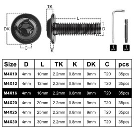 TXXATX Pack of 35 M4 x 16 mm Flat Head Screws with Flange Torx Screws ISO 7380-2 Rounded Head Screws Stainless Steel A2 V2A Flange Screw Black Threaded Screws for Wood Scaffolding Table Legs Vehicle
