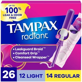 Tampax Radiant Tampons Multipack, with LeakGuard Braid, Light/Regular Absorbency, Unscented, 26 Count, Packaging May Vary
