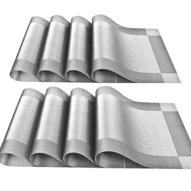 YOY Set of 8 Kitchen PVC Placemats - Fahion Dining Room Table Eat Mats for Kids Rectangle Washable Decor Jacquard Woven Plastic Vinyl Simple Style Place Mats, Silver-Gray