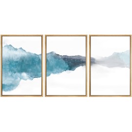 SIGNWIN 3 Piece Framed Canvas Wall Art Blue Mountains and Lake Watercolor Nature Wilderness Illustrations Abstract Traditional Home Artwork Decoration for Living Room,Bedroom - 24"x36"x3 Natural