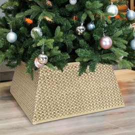 HarcoHome Woven Christmas Tree Collar for Artificial Trees, 17 inch Square Tree Skirts for Pencil Trees, Folable Xmas Tree Ring for Christmas Tree Decoration (Natural)