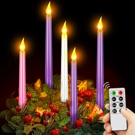 Mudder 5 Pcs LED Flameless Advent Candle Set Christmas Candles with Remote Seasonal Celebration,Plastic, Purple Pink White Taper for Church Wreath (Simple Remote)