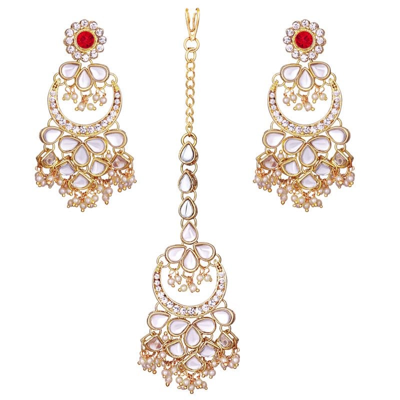 Aheli Kundan Pearl Chandbali Pendientes con Maang Tikka Conjunto de