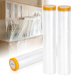 Pre-Taped Masking Film 3 Pack Each 118in x 65 feet Rolls, Tape and Drape, Painters Plastic Sheeting Drop Cloth for Automotive Painting Covering, House Decoration Furniture Floor Dustproof Cover