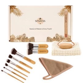 SPARESS Eco-Friendly Natural Vegan Unique Self Care Gift Box – 10-in-1 Bamboo Makeup Brush Set, Soft Face Towel & Wooden Jade Roller – Spa Kit for Women, Teens, Birthdays & Relaxing Spa Day