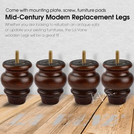 La Vane 3.5 inch Wooden Furniture Legs, 4PCS Soild Wood Tapered Replacement Bun Feet with Pre-Drilled M8 Inch Bolt & Mounting Plate for Couch Sofa Cabinet Ottoman