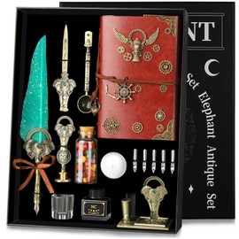 NC Quill Pen and Ink Set,with Quill Pen,Notebook,5 Replaceable Nibs,Ink,Pen Holder,Stamp,Spoon,Wax Beads, White Wax,Cup,Envelopes and Letter Paper Etc.Beautiful Gift Calligraphy Set.(Green)