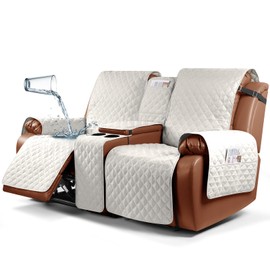 Ruaozz Waterproof Recliner Loveseat Cover with Console, Non-Slip Couch Cover Pet Cover for Double Recliner Split Sofa Cover with Elastic Straps for Kids, Dogs, Pets (Beige,2 Seater)