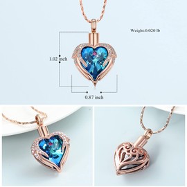 Imrsanl Angle Wings Heart Urn Necklace for Men Women Cremation Jewelry with Crystal Memorial Keepsake Jewelry Gifts Urn Pendant Ashes Holder (Rose Gold-Blue)