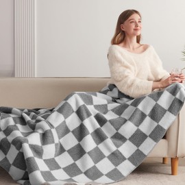KORBLISS Checkered Throw Blanket - Comfortable Knit Breathable Blanket, Cozy and Warm Blanket for Couch, Chair, Bed, Camping, Picnic, and Travel. Grey/White (50"x 70")