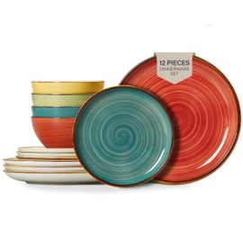 ONEMORE Plates and Bowls Set - Microwavable, Oven & Dishwasher Safe Porcelain Dinnerware Set - Scratch Resistant, Ceramic Dishware for 4(12pcs) - Assorted Colors