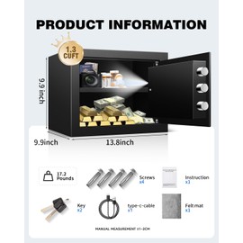 VaultHex Compact Safe for Bedroom or Desk with Alarm, USB-C Power & Silent Mode - 1.3 CuFt Personal Safe Box with Motion Light, Keypad & Backup Key