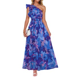 ZESICA Women's 2025 Boho Floral Sleeveless Maxi Dress Ruffle One Shoulder Elatsic High Waist Beach Party Long Dresses,RoyalBlue,Medium