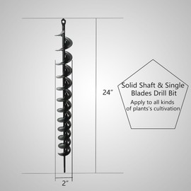 2in Wide 24in Long Metal Earth Auger Drill Bit, Steel Auger Bit DIY Auger with 3/8 Non-Slip Hex Drive for Planting Trees and Bedding, Gardening