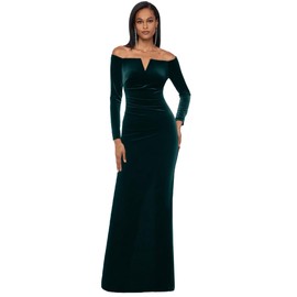 Xscape Women's Off-The-Shoulder Velvet Long Sleeve Maxi Dress with V-Bar Neckline and Center Back Zipper, Hunter, 4