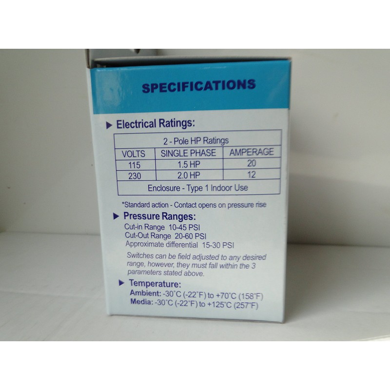 BOSHART INDUSTRIES (BII) PRESSURE SWITCH: 30-50 (PS02-3050); 40-60 (PS02-4060) for