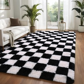 Larhom Black White Checkered Rug for Living Room, 4x6 Feet Modren Indoor Fluffy Carpets for Bedroom Kids Nursery Dorm, Ultra-Soft, Non-Slip and Easy to Clean