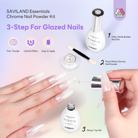 SAVILAND Essentials Chrome Nail Powder Set: Pearl Powder & Milky White Builder Nail Gel for Glaze Nails Strengthen Manicure 3-Step Kit with Glossy Top Gel Starter Practice Party At-Home DIY