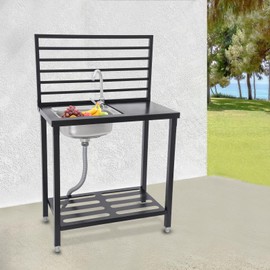 Free Standing Stainless Steel Sink with Cold & Hot Water Pipe, 360° Adjustable Faucet Single Bowl Sink with Bottom Shelf and Top Rods, Indoor and Outdoor Sink for Laundry, Garage, Garden, Kitchen