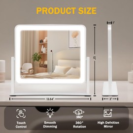 Bearolve Vanity Mirror with Lights, 14"×12" LED Makeup Mirror, HD Professional Mirror, Smart Touch with 3-Color Lighting, Dimmable, 360° Rotation, Lighted Up for Makeup Desk, Bedroom (White)