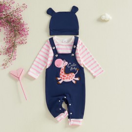 Baby Girl Clothes Set Toddler Girls Overall Outfits Long Sleeve Striped Romper Giraffe Suspender Pants Hat (Pink, 9-12 Months)
