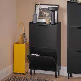 Haotian Black Shoe Cabinet Entryway with 2 Flip-Drawers, Narrow Storage Freestanding Shoe Rack, Slim Shoe Organiazer, Hidden Shoe Cupboard, FSR151-SCH