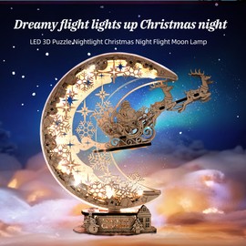 FUNPOLA LED 3D Wooden Puzzle Christmas Night Flight Moon Lamp, DIY Craft Kit Festive Nightlight for Holiday Décor, Unique Christmas Gift for Adults and Kids,White