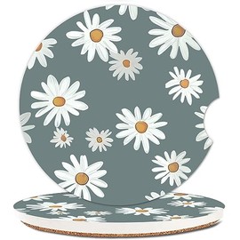 Ceramic Cup Holders Car Coasters for Women/Men,Cute Absorbent Drink Cup Car Holder Coasters with A Finger Notch 2.56" Pack of 2,Daisy Flower