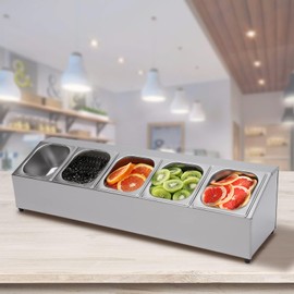 kunghei Pizza Toppings Station Storage Condiment Organizer Divider Food Container with 5 Pans & Lids, Stainless Steel Kitchen Condiment Divider Pizza Prep Ingredients Holder, Grill Table Serving Tray